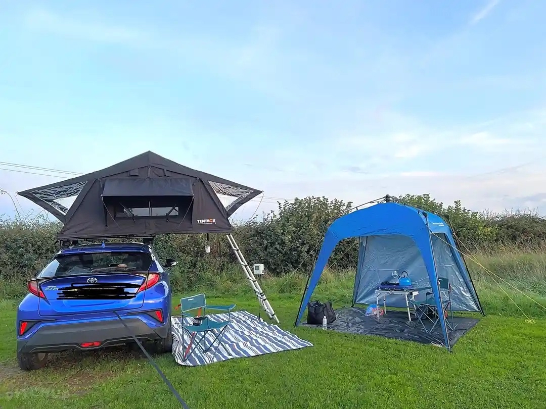 Car with rooftop tent and stearate gazebo on short grass and hedgerow boarder